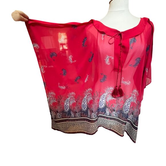 Lane Bryant Red Paisley Print‎ Sheer Poncho Top Tassel Tie Neckline Kimono 22/24 - Picture 2 of 8